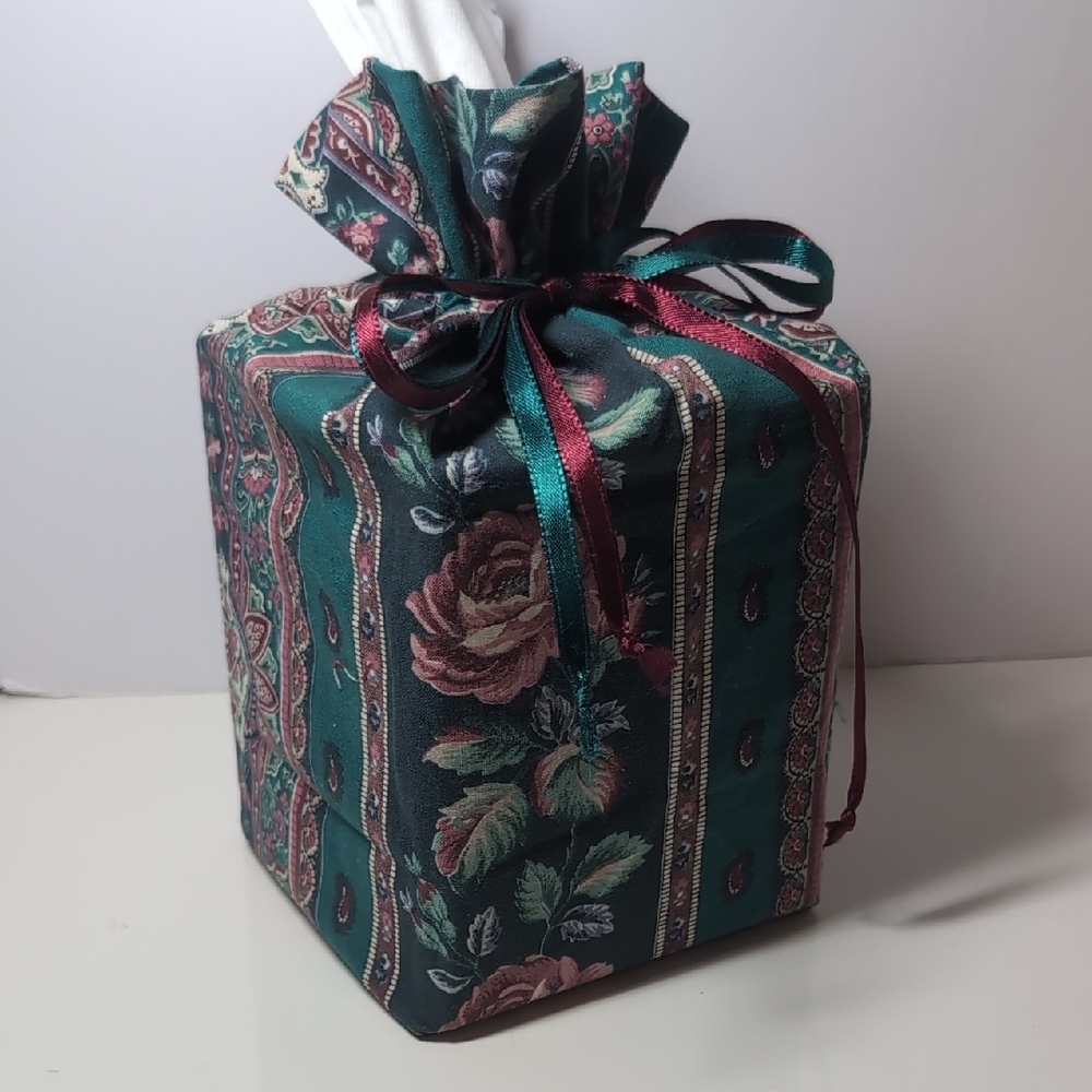 Handmade, Fabric, Floral & Paisley Green Tissue Box Cover W/Ribbons